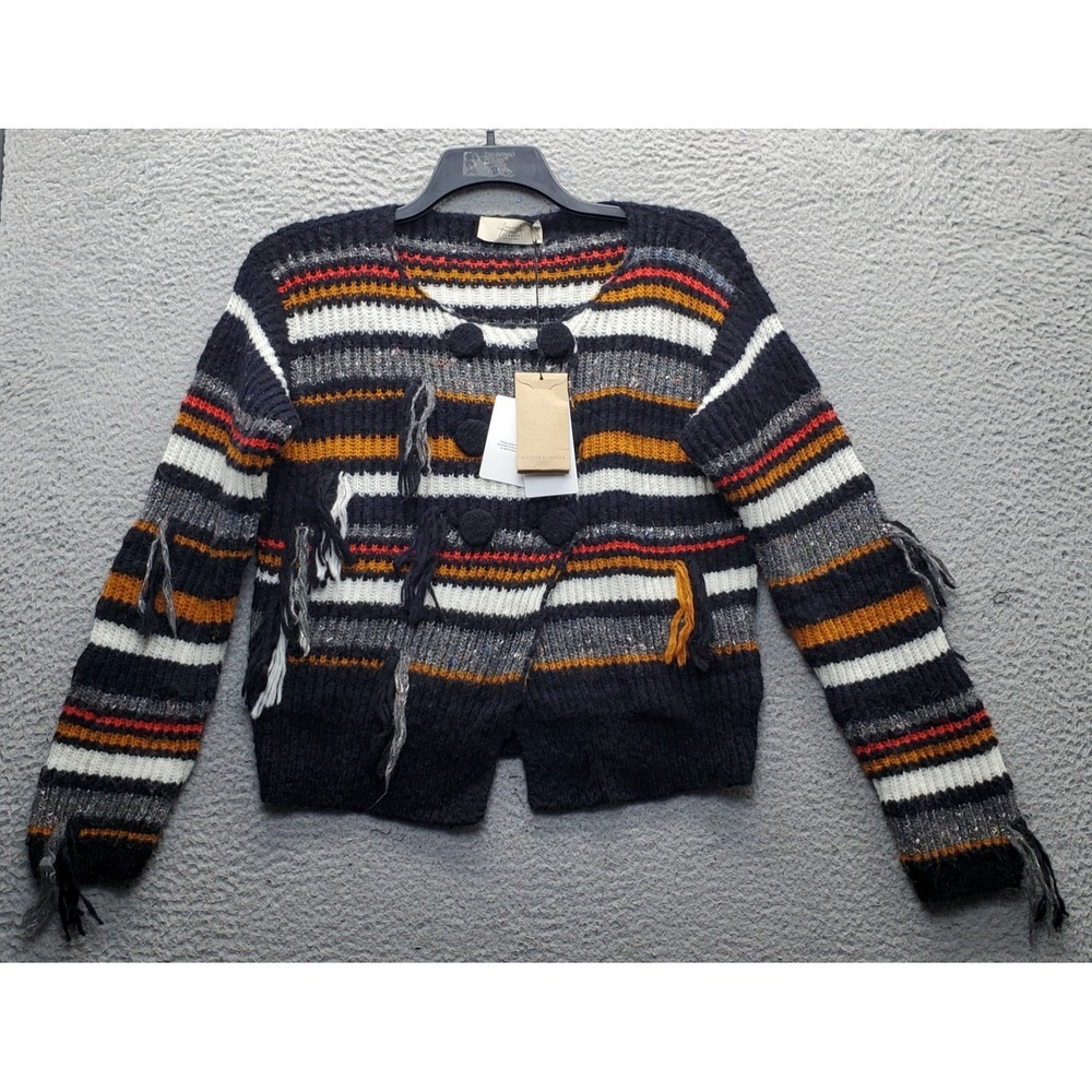 Maison Flaneur Knit Sweater Womens M Multi Striped Fringe Detail Button-Front
